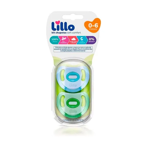 Kit Chupeta Soft Comfort Lillo 100% Silicone 2 Unidades 0 a 6 Meses Menino
