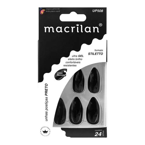 Unhas Postiças Stiletto Pretas Macrilan Up508S