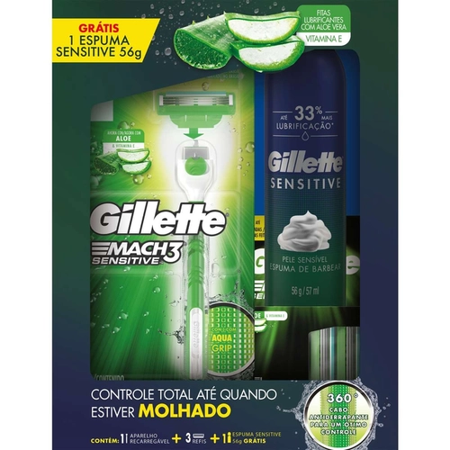 Kit Aparelho De Barbear Gillette Mach3 Acqua Grip Sensitive+3Uni Carga Mach3+Espuma De Barbear