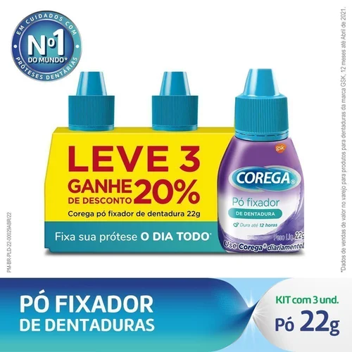 Kit Pó Fixador de Dentadura Corega 3 em 1 22G 3 unidades Sabor Menta