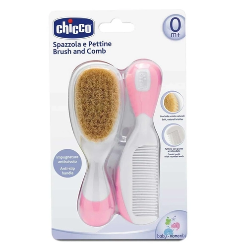 Escova e Pente Cerdas Naturais Chicco Rosa
