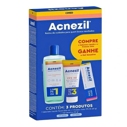 Kit Cimed Acnezil Verão Sabonete Liquido 200ML+ Gel Secativo 10G+ Protetor Solar FPS30 60G