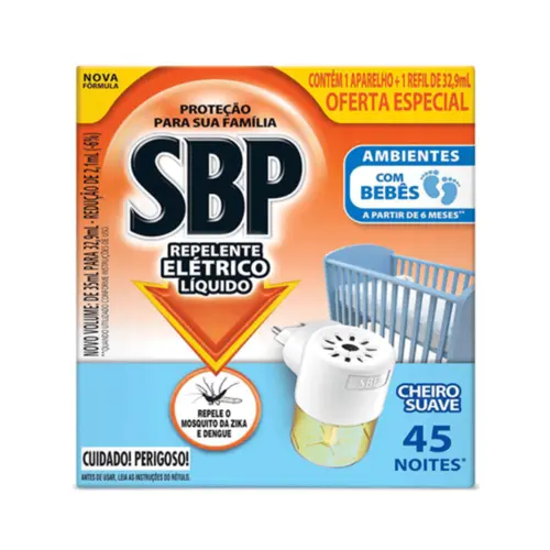Repelente De Insetos SBP Elétrico Líquido Aparelho + Refil 45 Noites Suave