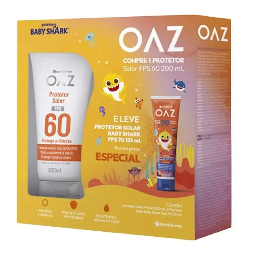 Kit Protetor Solar OAZ PSs60 Corpo e Rosto 200ml + Fps70 Baby Shark Infantil 125ml
