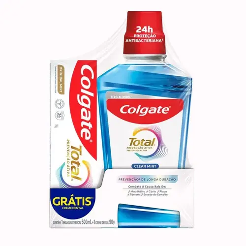 Kit Enxaguante Bucal Colgate Total 12 Clean Mint 500ml + Creme Dental Total 12 90g