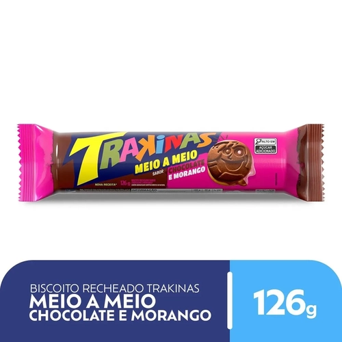 Biscoito Recheado Trakinas Meio A Meio Morango/Chocolate 126G