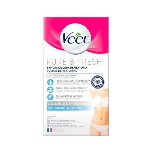 Folhas Depilatórias Axilas e Virilha Veet Peles Delicadas Pure & Fresh 16 Unidades