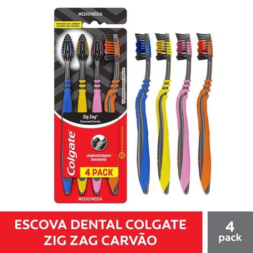 Kit Escova Dental Colgate Zig Zag Carvão 4 Unidades