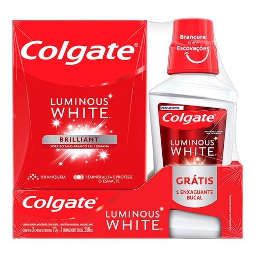 Kit Creme Dental Colgate Luminous White 70G 3 Unidades Grátis 1 Enxaguante 250ml