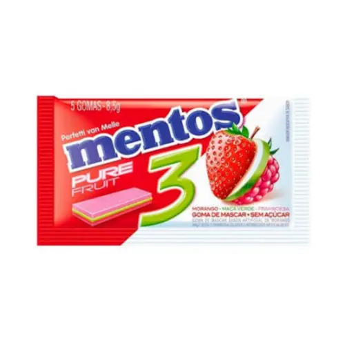 Chiclete Mentos Pure Fruit 3 Morango/Maça/Framboesa 8,5G 5Un