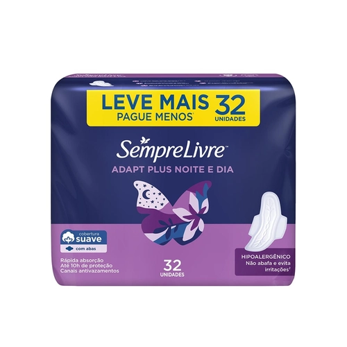 Absorvente Sempre Livre Adapt Plus Noite e Dia Suave Com Abas 32 Unidades