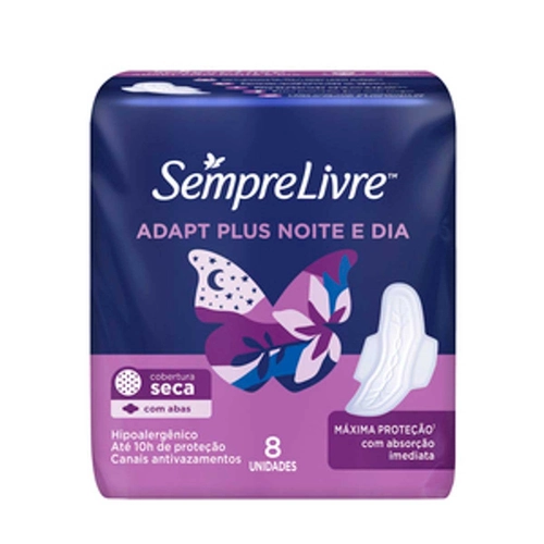 Absorvente Sempre Livre Adapt Plus Noite e Dia Seca Com Abas 8 Unidades