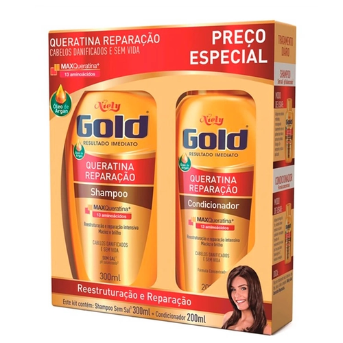 Kit Niely Gold Reconstrução Potente Queratina Shampoo 300ml + Condicionador 200ml