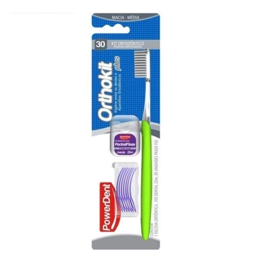 Kit Orto Powerdent Escova Dental Fio+Passa Fio+Escova