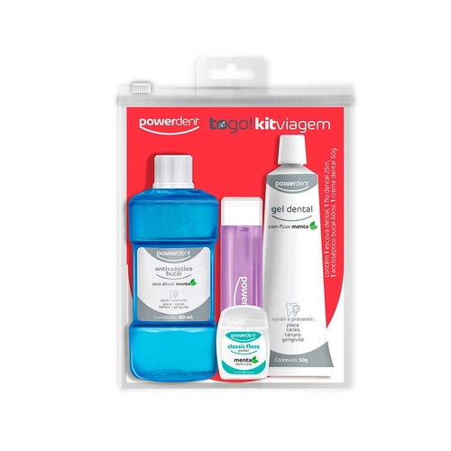 Kit Viagem Powerdent Escova Dental+Creme Dental+Fio+Enxaguante