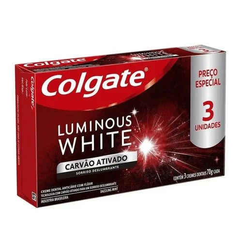 Kit Creme Dental Colgate Luminous White Carvão Ativado 70G 3 Unidades