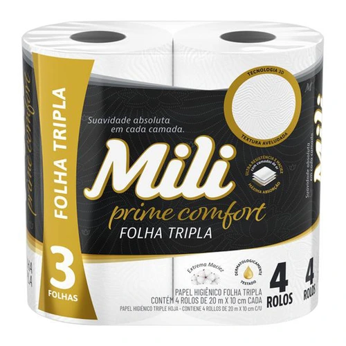 Papel Higiênico Mili Prime Comfort Folha Tripla 20 Metros 4 Unidades