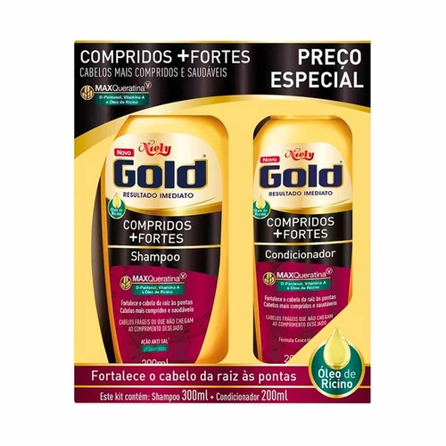Kit Niely Gold  Compridos +Fortes Óleo de Rícino Shampoo 300ml + Condicionador 200ml