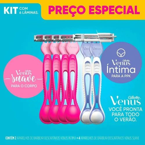 Kit Aparelho de Depilação Gillete Venus Suave 4 Unidades + Aparelho Venus Íntima 2 Unidades