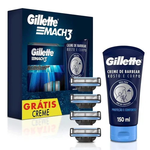 Kit Carga Para Aparelho de Barbear Gillette Mach3 4 Unidades + Creme Barba Rosto e Corpo