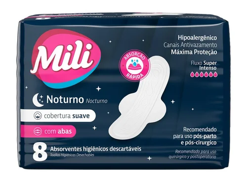 Absorvente Mili Noturno Suave Com Abas 8 Unidades