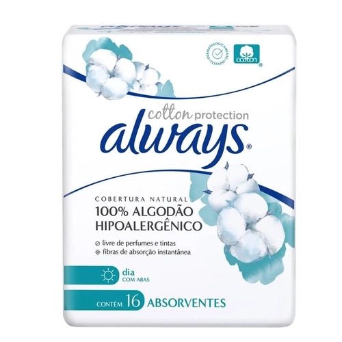 Absorvente Always 100% Algodao Hipoalergenico Com Abas 16 Unidades