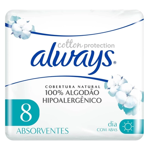 Absorvente Always 100% Algodao Hipoalergenico Com Abas 8 Unidades