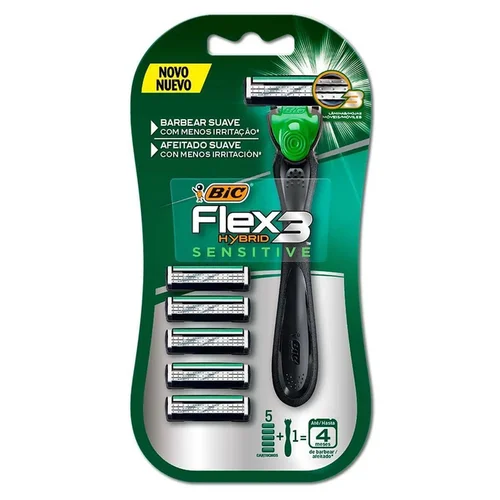 Aparelho de Barbear Bic Flex 3 Hybrid Sensitive 1 Cabo + 5 Cartuchos