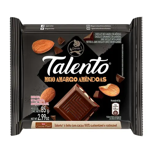 Chocolate Barra Talento Garoto Meio Amargo 85G
