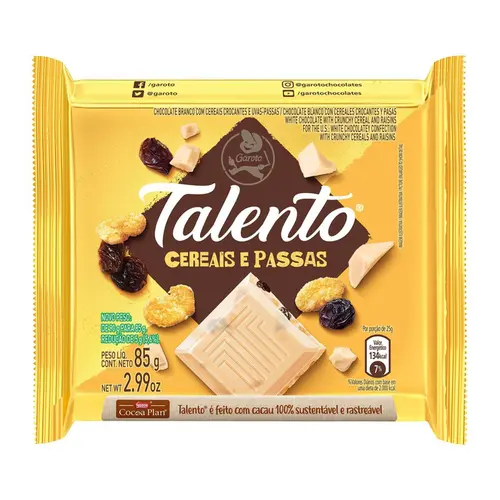 Chocolate Barra Talento Garoto Branco C/Cereais E Passas 85G