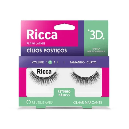 Cílios Postiços Ricca 3D Curto Volume 02 Retinho e Básico Ref 2683