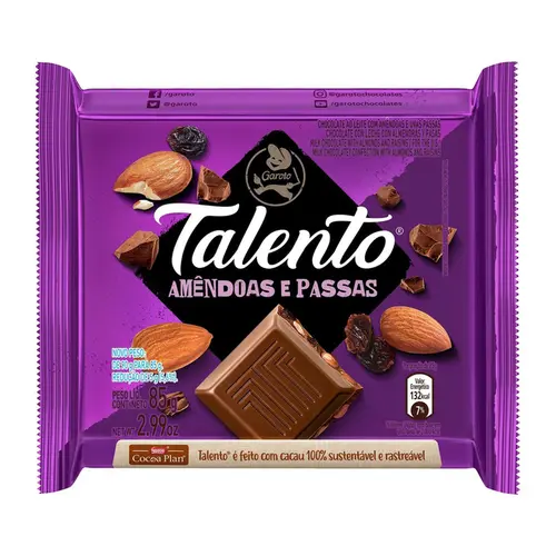 Chocolate Barra Talento Garoto Amendoas C/ Passas 85G