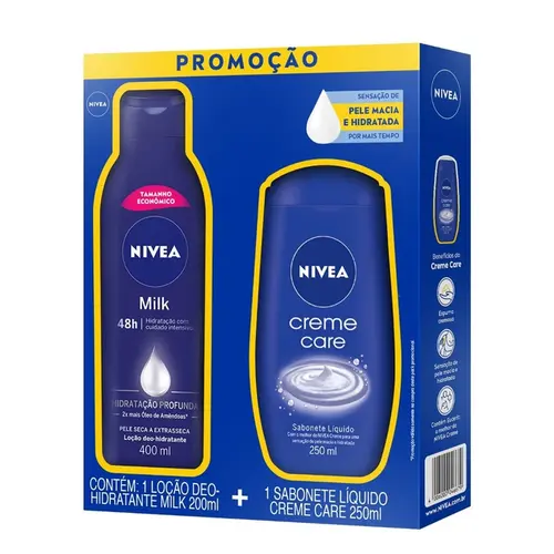 Kit Loção Hidratante Nivea Milk 200ml + Sabonete Líquido Creme Care 250ml