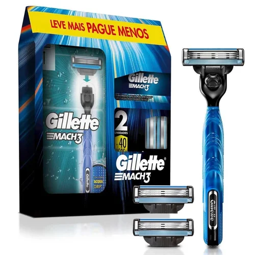 Kit Aparelho de Barbear Gillette Mach3 Acqua Grip + 3 Unidades Carga Mach3