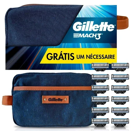 Kit Carga Para Aparelho de Barbear Gillette Mach3 Regular 12 Unidades + Necessáire